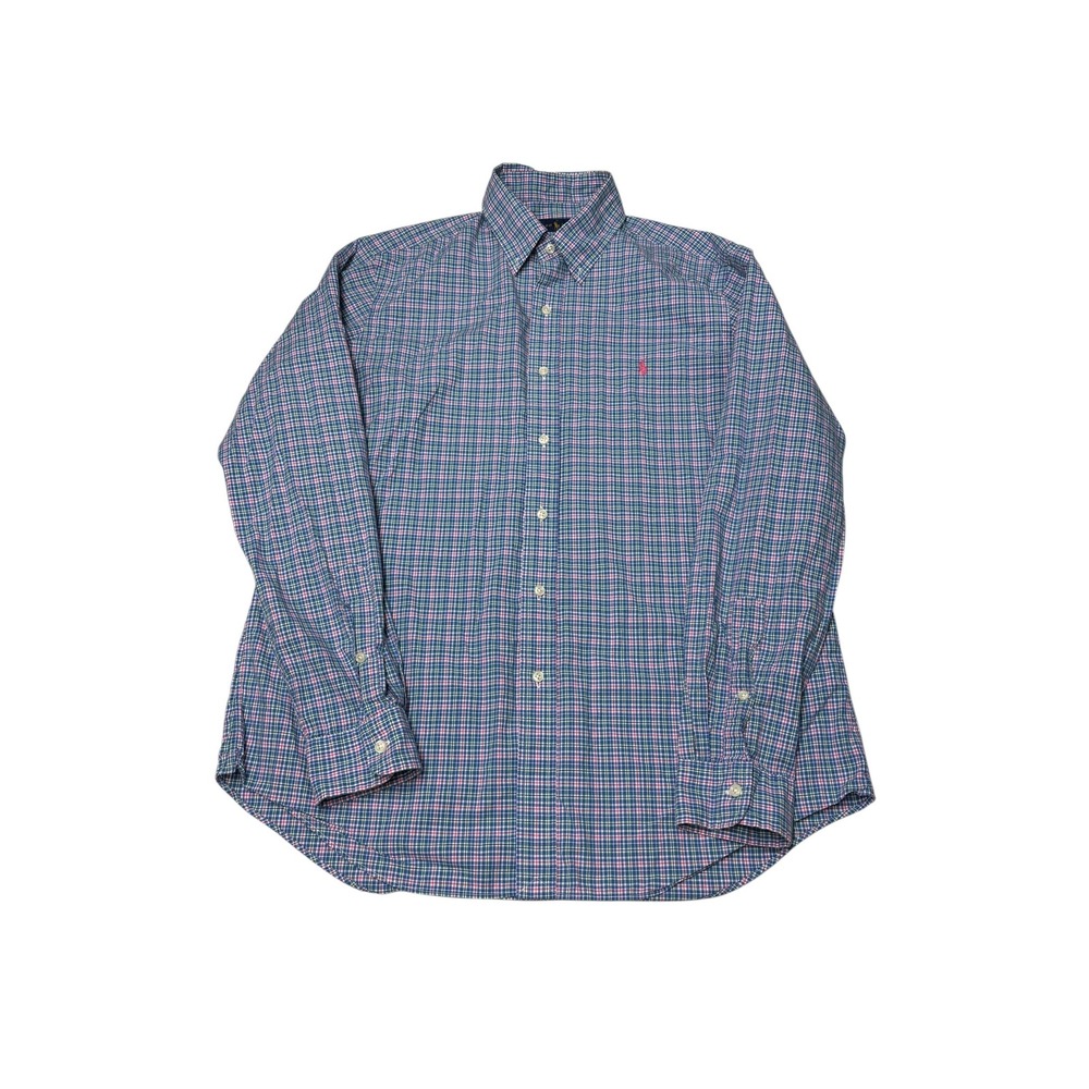 Ralph Lauren Mens L Plaid Button Down Shirt Blue Pink Green Long Sleeve Cotton